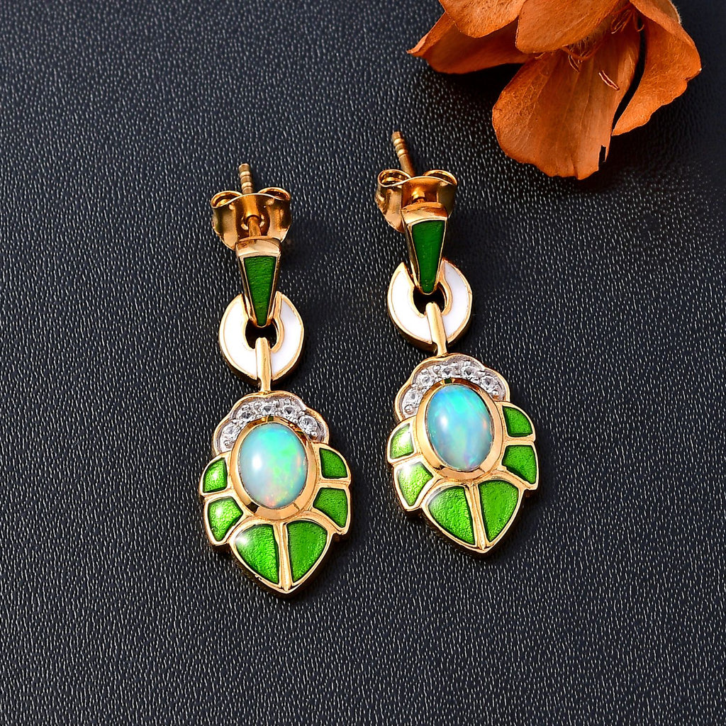 AA Natürlicher, äthiopischer Welo Opal, Weißer Zirkon Ohrringe 925 Silber 750 Gelbgold Vermeil ca. 1.24 ct