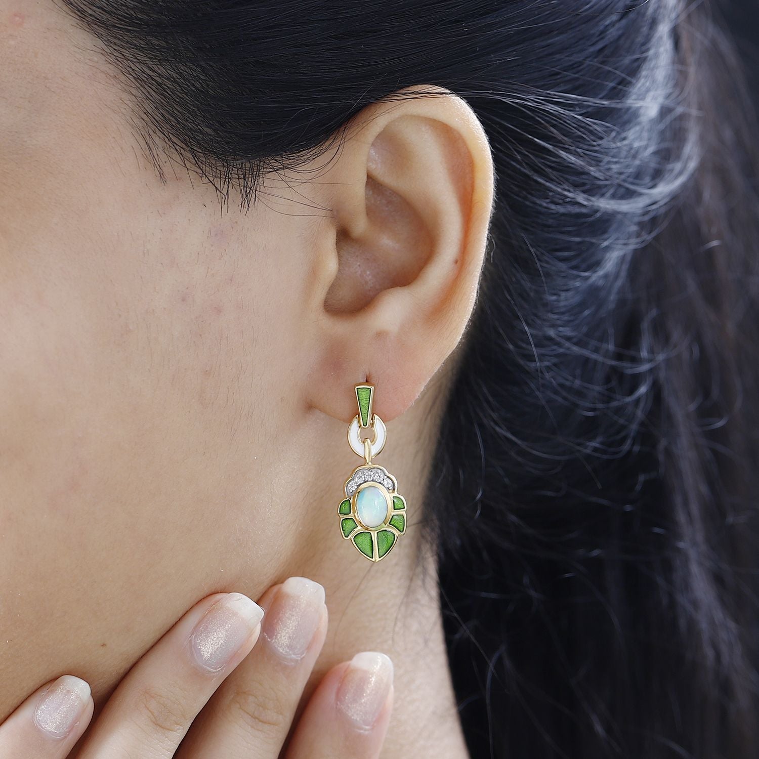 AA Natürlicher, äthiopischer Welo Opal, Weißer Zirkon Ohrringe 925 Silber 750 Gelbgold Vermeil ca. 1.24 ct