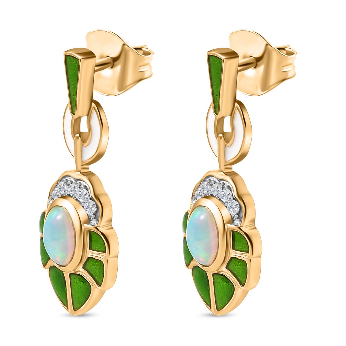 AA Natürlicher, äthiopischer Welo Opal, Weißer Zirkon Ohrringe 925 Silber 750 Gelbgold Vermeil ca. 1.24 ct