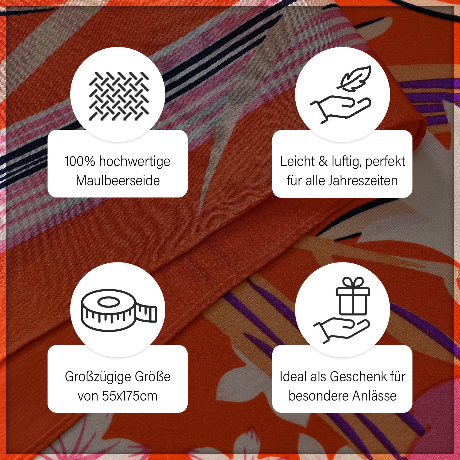 LA MAREY 100% Maulbeerseide Seidenschal, 55cm x 175cm, orange