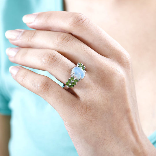 AA Natürlicher, äthiopischer Welo Opal, Natürlicher Chromdiopsid Ring 925 Silber rhodiniert (Größe 21.00) ca. 2,74 ct