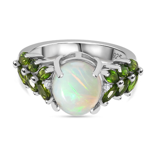 AA Natürlicher, äthiopischer Welo Opal, Natürlicher Chromdiopsid Ring 925 Silber rhodiniert (Größe 21.00) ca. 2,74 ct