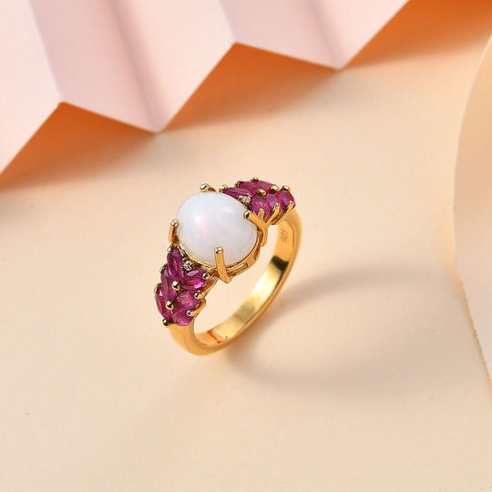 AA Natürlicher, äthiopischer Welo Opal, Afrikanischer Rubin (Fissure gefüllt) Ring 925 Silber 750 Gelbgold Vermeil (Größe 19.00) ca. 3,12 ct