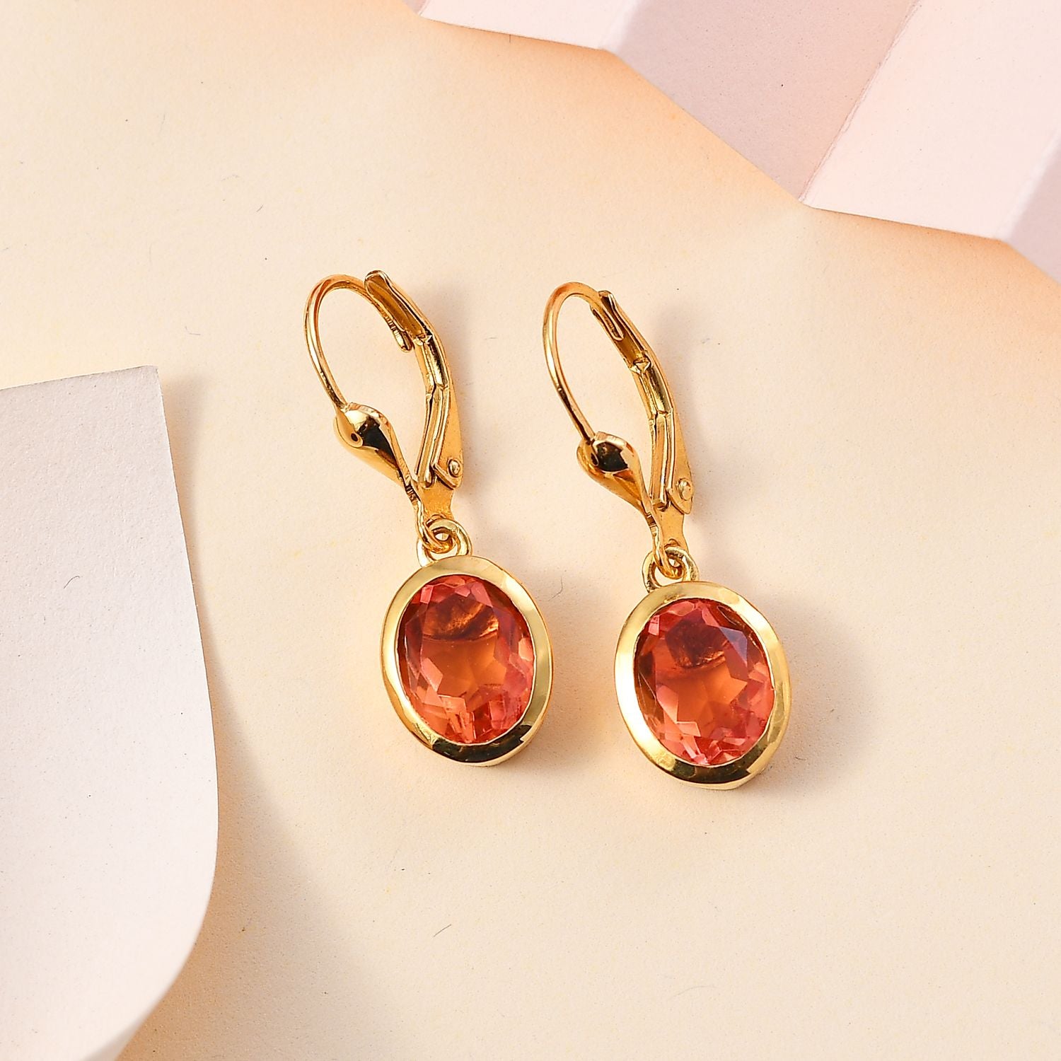 Padparadscha Quarz Triplette Ohrringe 925 Silber 750 Gelbgold Vermeil ca. 4.12 ct