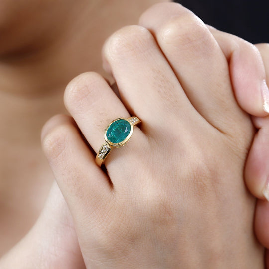 Smaragd-Quarz Triplette, Weißer Zirkon Ring 925 Silber 750 Gelbgold Vermeil ca. 2,65 ct