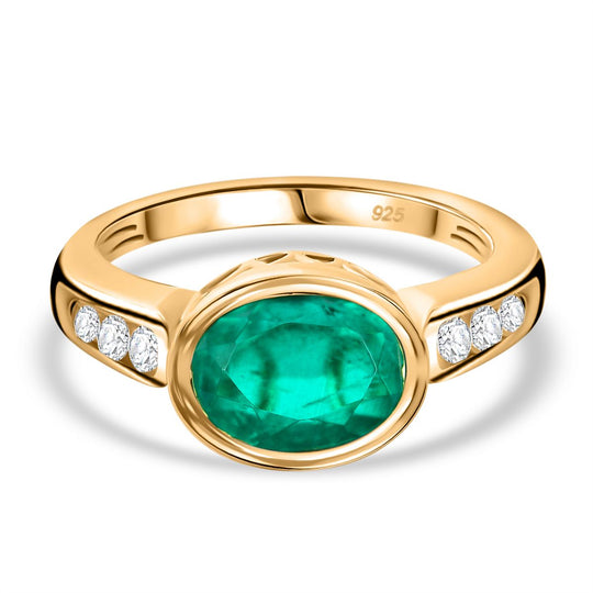Smaragd-Quarz Triplette, Weißer Zirkon Ring 925 Silber 750 Gelbgold Vermeil ca. 2,65 ct