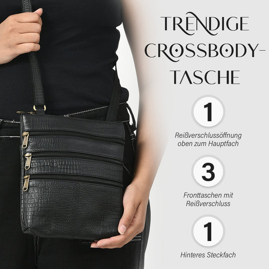 CLOSE OUT - Echtleder Crossbody Tasche mit Kroko Prägung, Multi-Fächer, 20 x 24 cm, Taupe