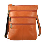 CLOSE OUT - Echtleder Crossbody Tasche mit Kroko Prägung, Multi-Fächer, 20 x 24 cm, Cognac