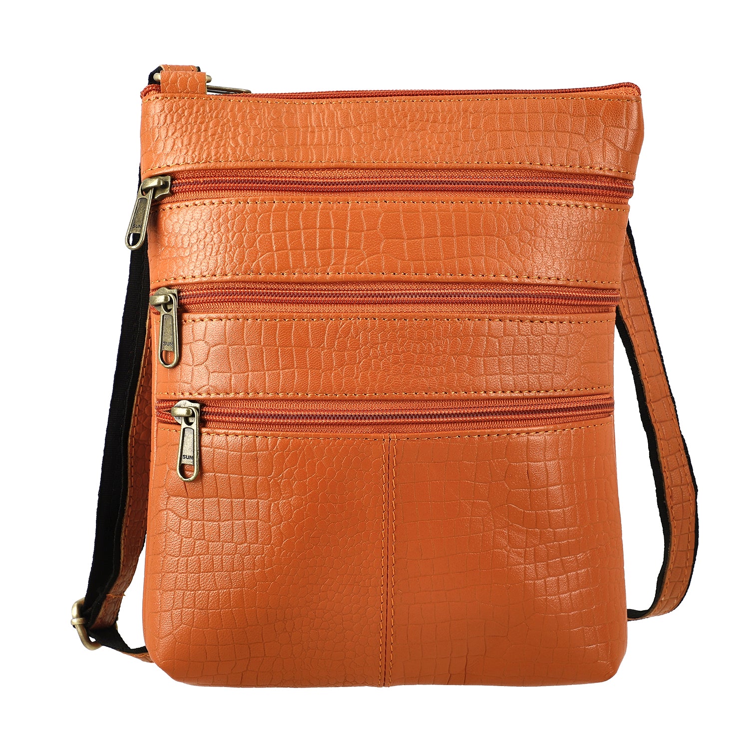 CLOSE OUT - Echtleder Crossbody Tasche mit Kroko Prägung, Multi-Fächer, 20 x 24 cm, Cognac