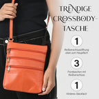 CLOSE OUT - Echtleder Crossbody Tasche mit Kroko Prägung, Multi-Fächer, 20 x 24 cm, Cognac