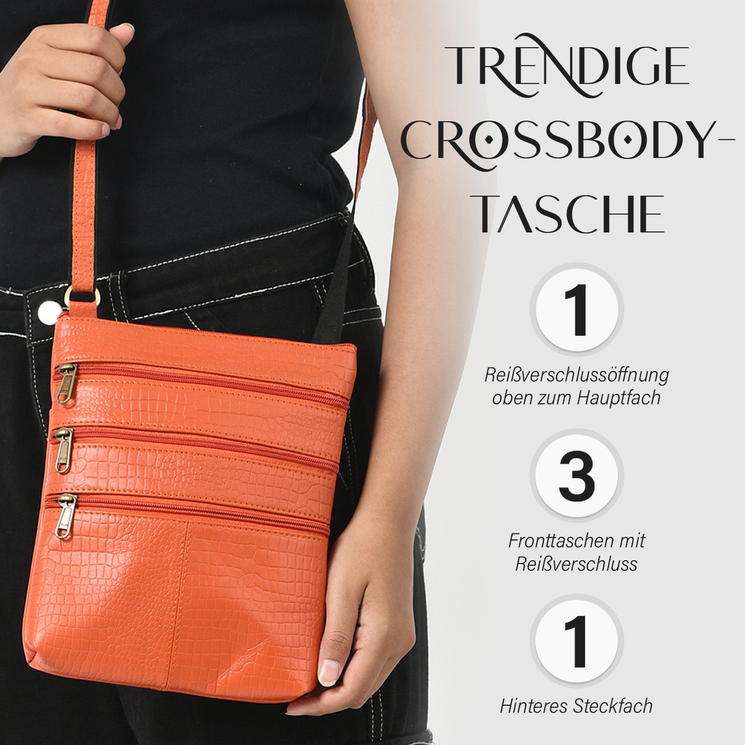 CLOSE OUT - Echtleder Crossbody Tasche mit Kroko Prägung, Multi-Fächer, 20 x 24 cm, Cognac