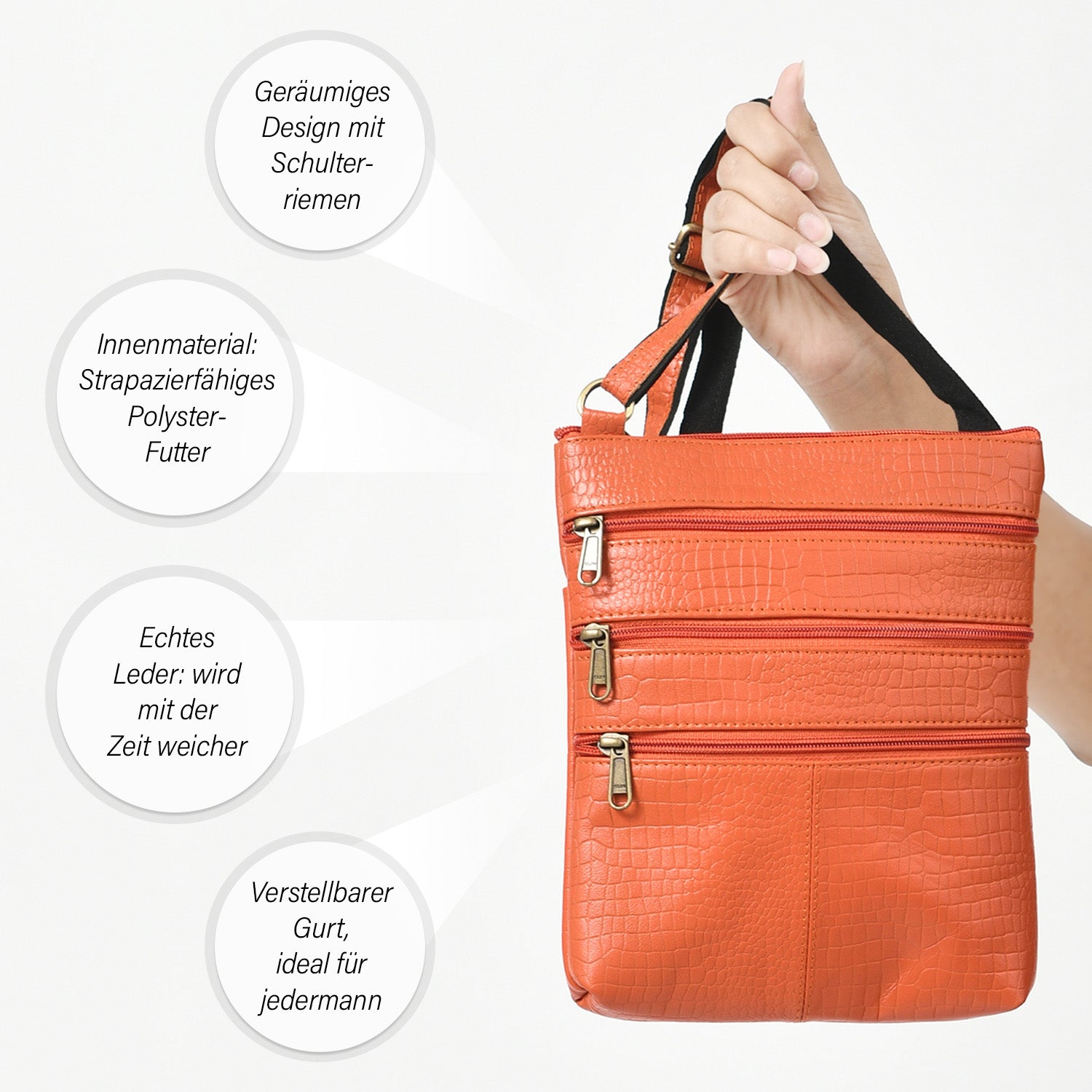 CLOSE OUT - Echtleder Crossbody Tasche mit Kroko Prägung, Multi-Fächer, 20 x 24 cm, Cognac