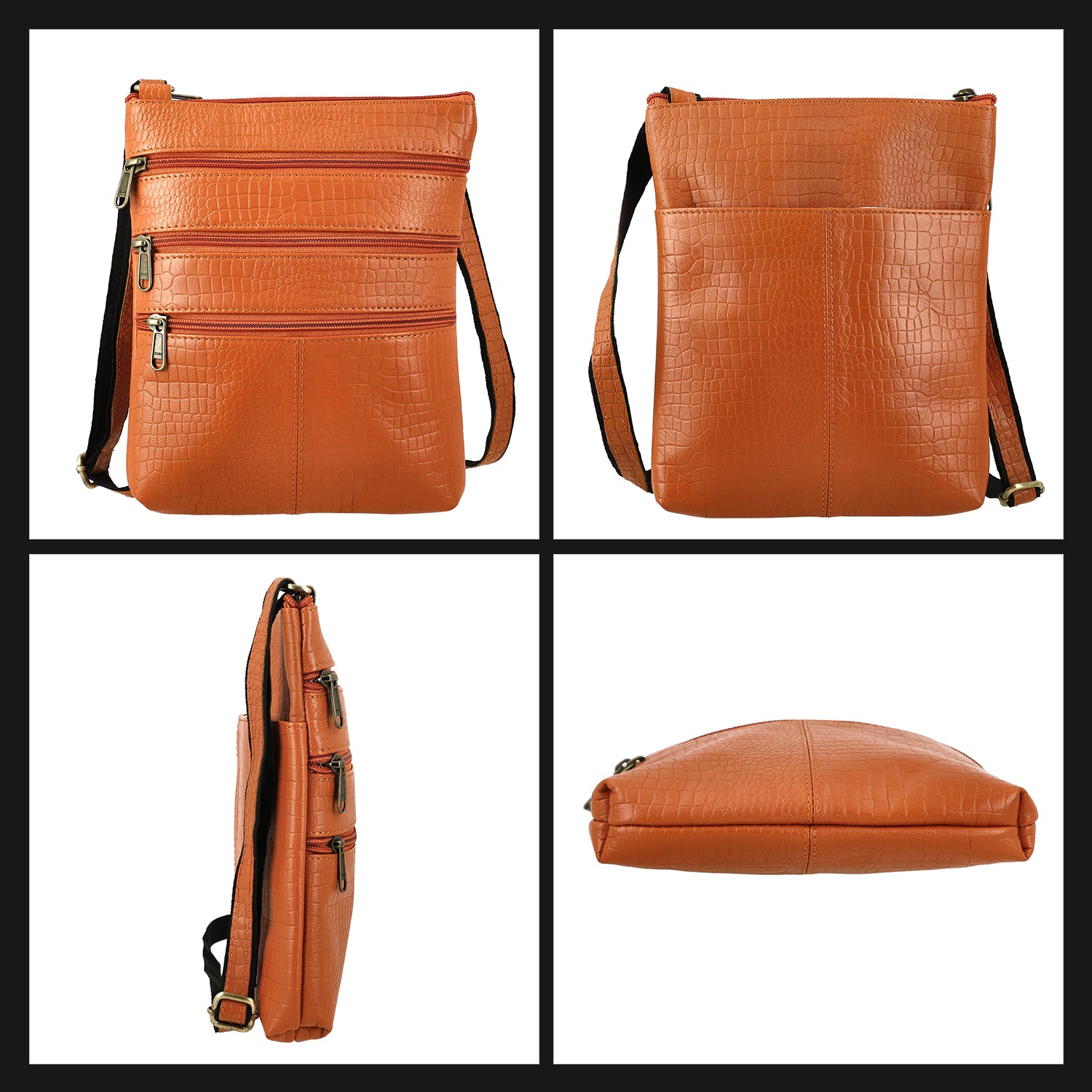CLOSE OUT - Echtleder Crossbody Tasche mit Kroko Prägung, Multi-Fächer, 20 x 24 cm, Cognac