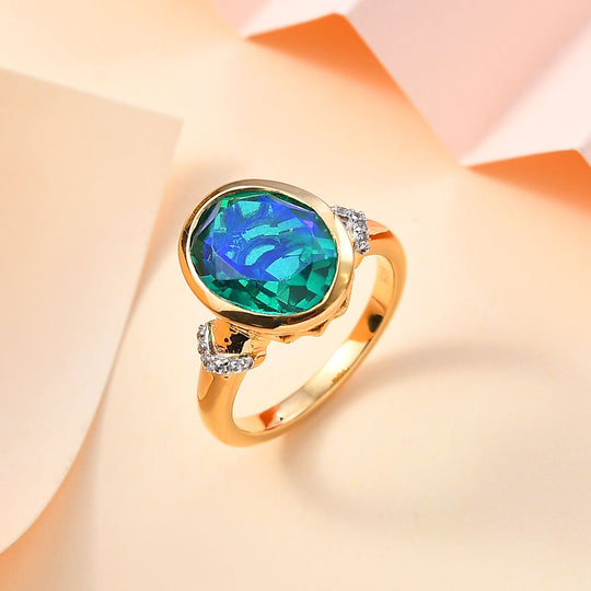 Pfau Quarz Triplette, Weißer Zirkon Ring 925 Silber 750 Gelbgold Vermeil ca. 5,41 ct
