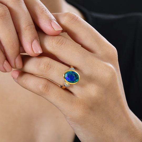Pfau Quarz Triplette, Weißer Zirkon Ring 925 Silber 750 Gelbgold Vermeil ca. 5,41 ct