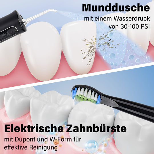 2-teiliges Mundpflege-Set - Elektrische Zahnbürste und Munddusche, 5 Modi für Zahnbürste, 3 Modi für Munddusche, wiederaufladbar per USB, 13,5x6,8x25,9 cm