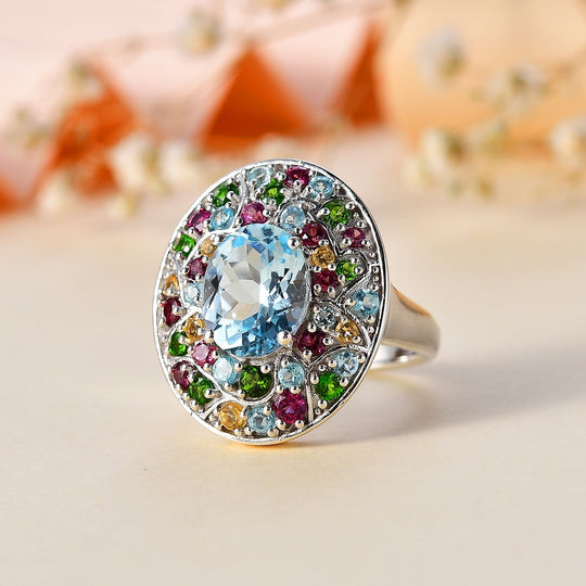 Himmelblauer Topas, Natürlicher Rhodolith Granat Ring 925 Silber rhodiniert (Größe 21.00) ca. 5.89 ct