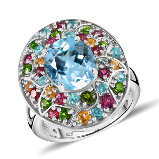 Himmelblauer Topas, Natürlicher Rhodolith Granat Ring 925 Silber rhodiniert (Größe 21.00) ca. 5.89 ct