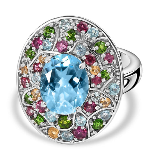 Himmelblauer Topas, Natürlicher Rhodolith Granat Ring 925 Silber rhodiniert (Größe 21.00) ca. 5.89 ct