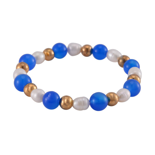 Rotes Achat und weißes Süßwasser Perle (8-10mm) flexibles Armband, Messing
