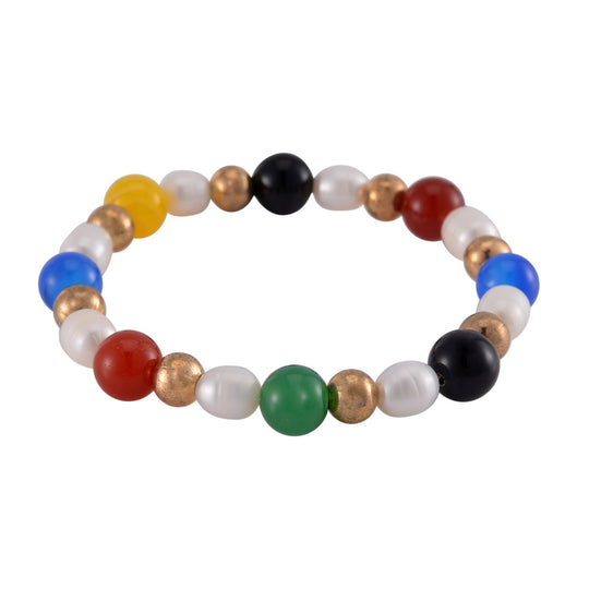 Rotes Achat und weißes Süßwasser Perle (8-10mm) flexibles Armband, Messing