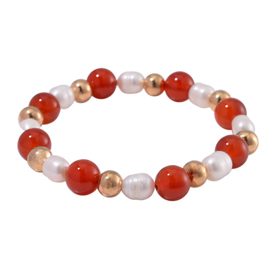 Rotes Achat und weißes Süßwasser Perle (8-10mm) flexibles Armband, Messing
