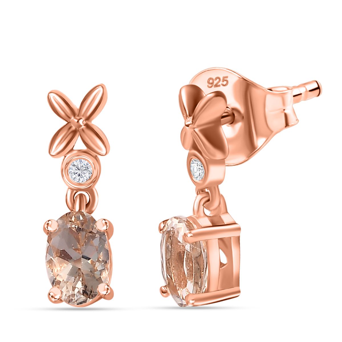 AA Morganit, Weißer Zirkon Ohrringe 925 Silber 750 Roségold Vermeil ca. 1,08 ct.