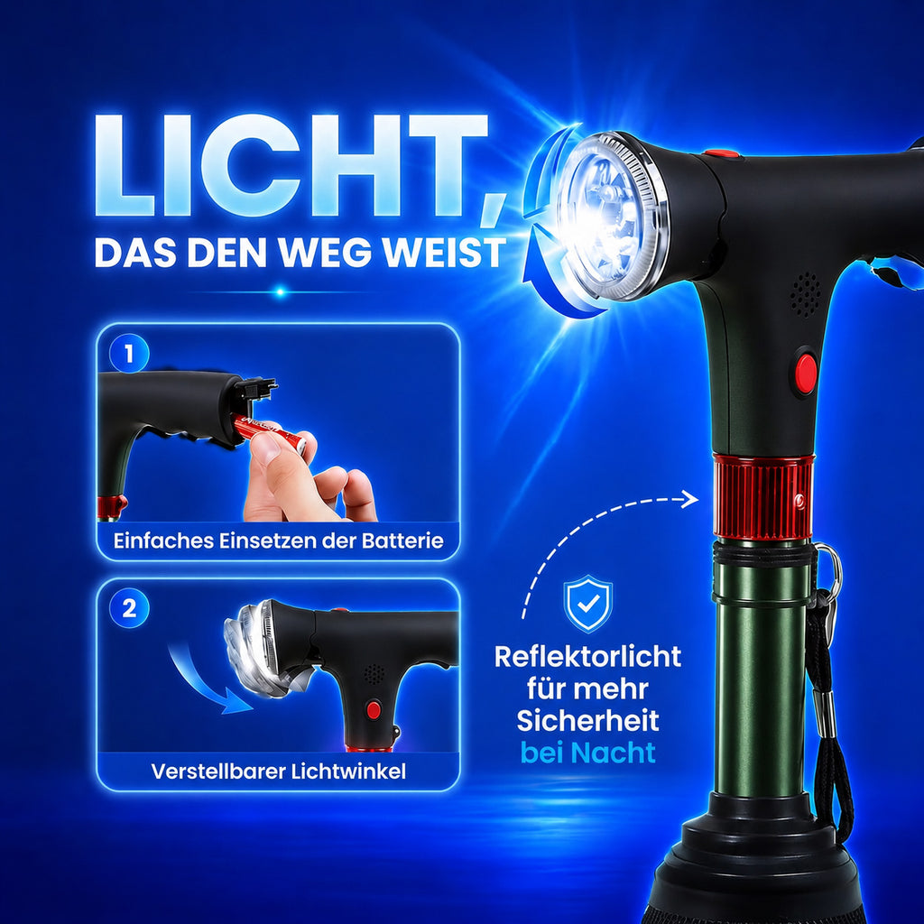 LIVMORE faltbarer Smart Gehstock mit LED Licht und SOS Alarm, Belastbarkeit 113kg, Schwarz