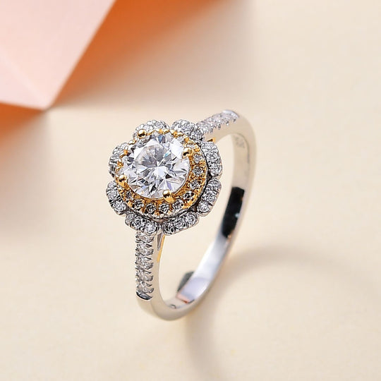 Moissanit Ring 925 Silber Rhodiniert und 750 Gelbgold Vermeil (Größe 21.00) ca. 1.34 ct