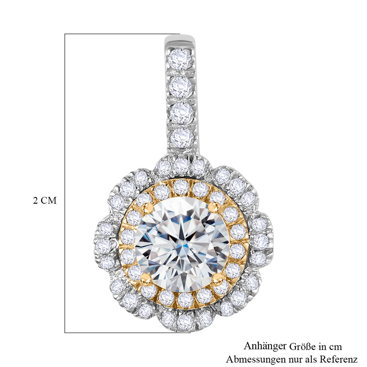 Moissanit Anhänger 925 Silber Rhodiniert und 750 Gelbgold Vermeil ca. 1,22 ct.