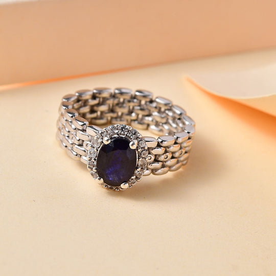 Masoala Saphir (Fissure gefüllt), Weißer Zirkon Ring 925 Silber rhodiniert ca. 2,27 ct