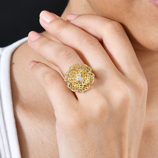 Moissanit Floraler-Design Ring, 925 Silber 750 Gelbgold Vermeil (Größe 16.00)