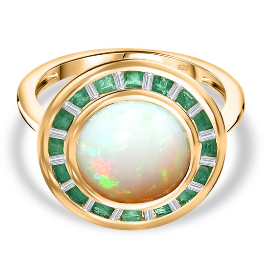 AA Natürlicher, äthiopischer Welo Opal, Smaragd Ring 925 Silber 750 Gelbgold Vermeil (Größe 18.00) ca. 3.25 ct