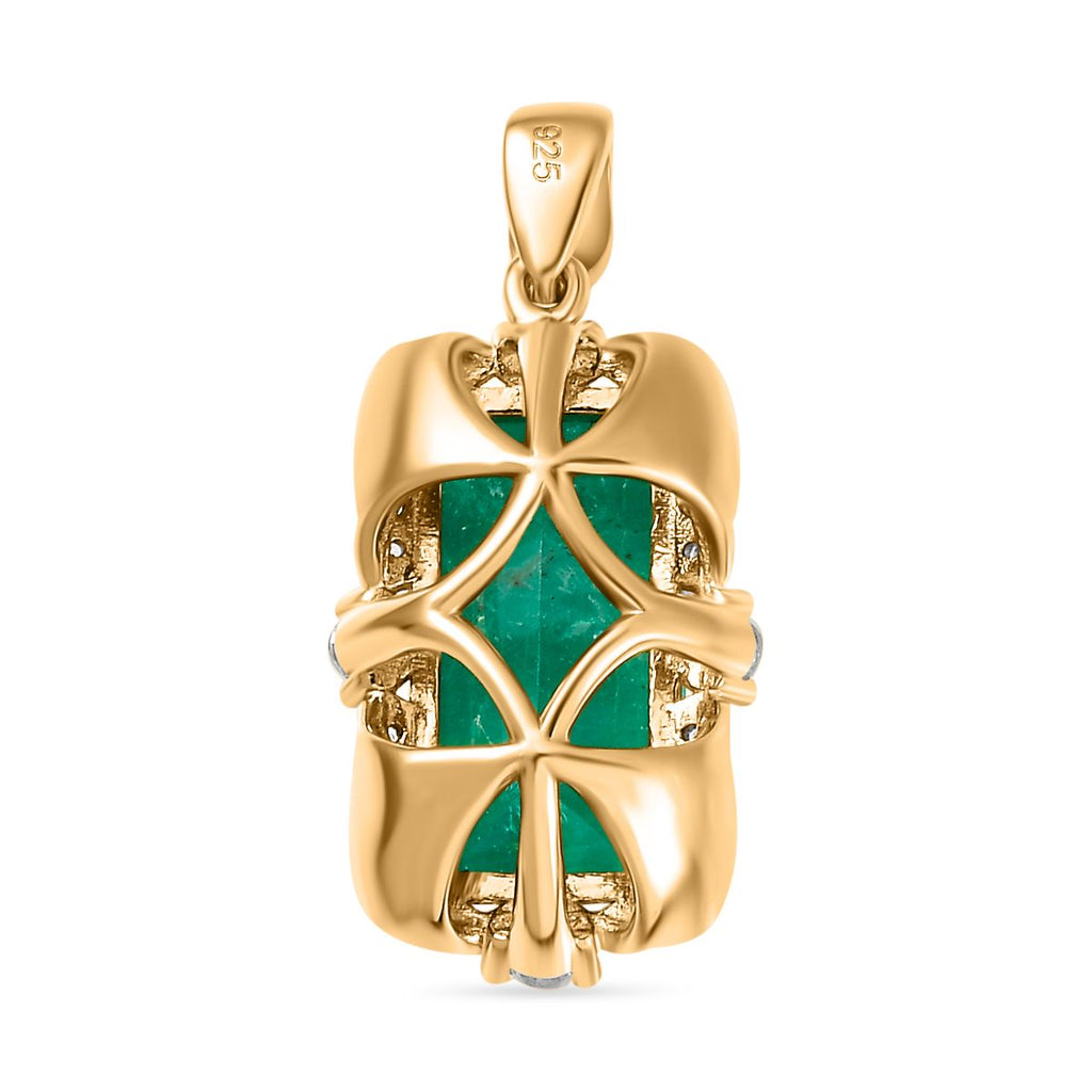 Smaragd-Quarz Triplette, Weißer Zirkon Anhänger 925 Silber 750 Gelbgold Vermeil ca. 7,58 ct.