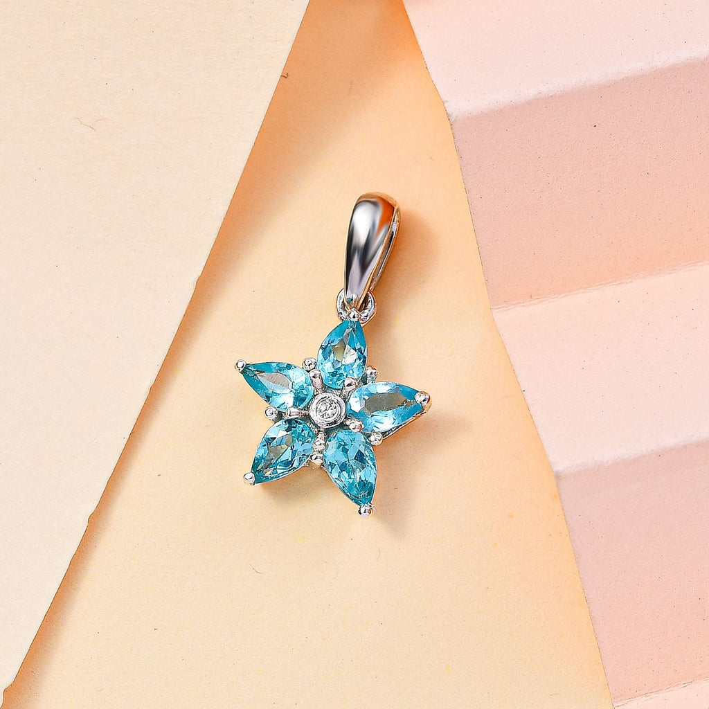 Paraiba-Apatit, Weißer Zirkon Anhänger 925 Silber platiniert ca. 1.14 ct