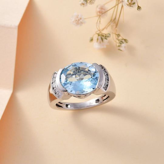 Himmelblauer Topas, Weißer Zirkon Ring 925 Silber rhodiniert (Größe 16.00) ca. 5,55 ct