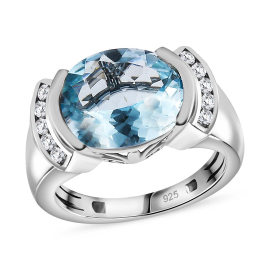 Himmelblauer Topas, Weißer Zirkon Ring 925 Silber rhodiniert (Größe 16.00) ca. 5,55 ct