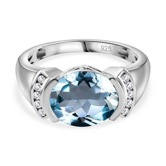 Himmelblauer Topas, Weißer Zirkon Ring 925 Silber rhodiniert (Größe 16.00) ca. 5,55 ct