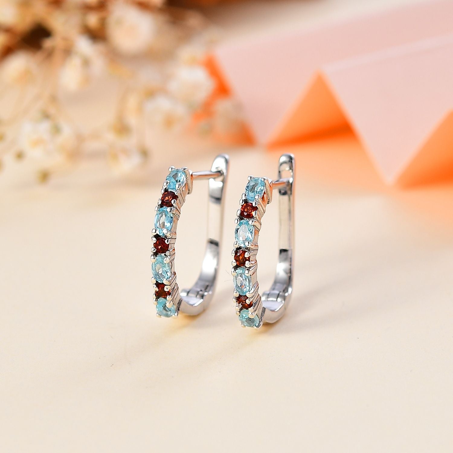 Paraiba-Apatit, Roter Granat Ohrringe 925 Silber platiniert ca. 0,79 ct.