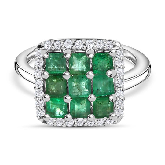 AAA Smaragd, Weißer Zirkon Ring 925 Silber rhodiniert (Größe 19.00) ca. 1,70 ct