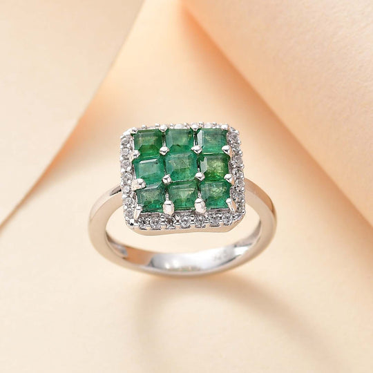 AAA Smaragd, Weißer Zirkon Ring 925 Silber rhodiniert (Größe 19.00) ca. 1,70 ct