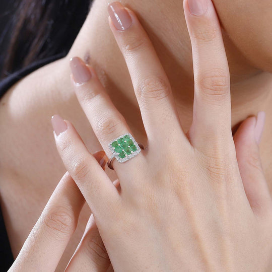 AAA Smaragd, Weißer Zirkon Ring 925 Silber rhodiniert (Größe 19.00) ca. 1,70 ct