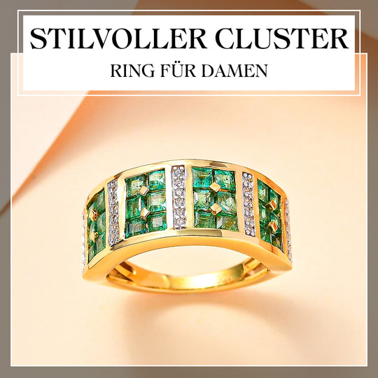 Kagem Sambischer Smaragd, Weißer Zirkon Ring 925 Silber 750 Gelbgold Vermeil (Größe 16.00) ca. 1,52 ct
