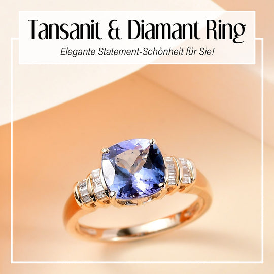 Premium Tansanit, Weißer Diamant Ring 375 Gold (Größe 19.00) ca. 2.31 ct