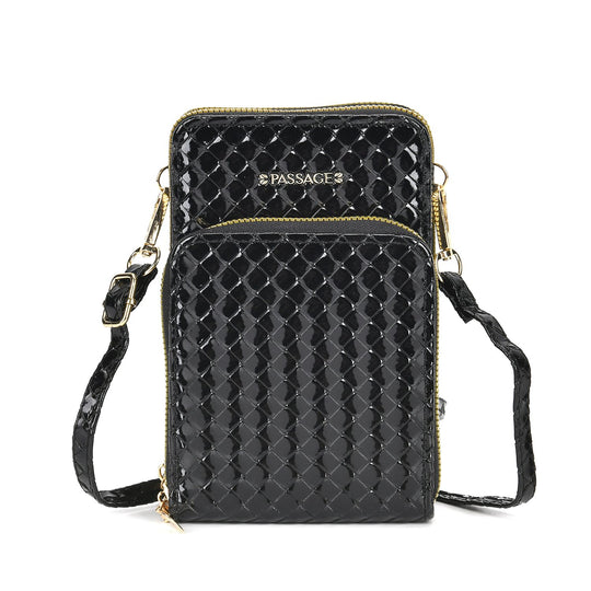 PASSAGE geprägte Kunstleder-Umhängetasche mit RFID-Schutz und langer Trageriemen, 13x7.5x19 cm, Braun