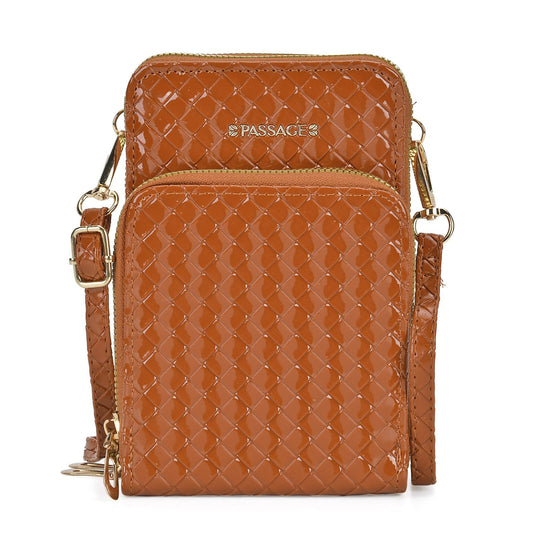 PASSAGE geprägte Kunstleder-Umhängetasche mit RFID-Schutz und langer Trageriemen, 13x7.5x19 cm, Braun