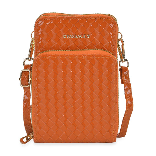 PASSAGE geprägte Kunstleder-Umhängetasche mit RFID-Schutz und langer Trageriemen, 13x7.5x19 cm, Braun