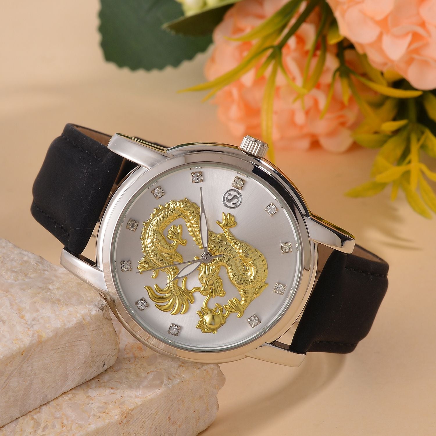STRADA - Japanisches Uhrwerk, Weißer Kristall schwarzer Uhr, 23.5 cm, Silber