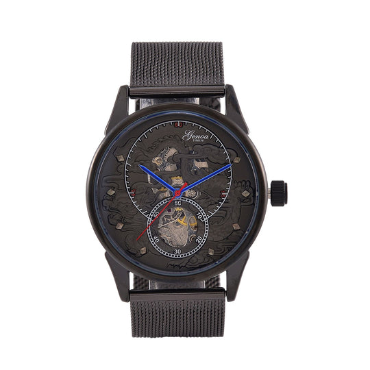 GENOA TIME V2 - Automatische mechanische Uhr mit Drachenmuster und Edelstahl-Mesharmband, 23 cm, vergoldet, ca. 89,00g