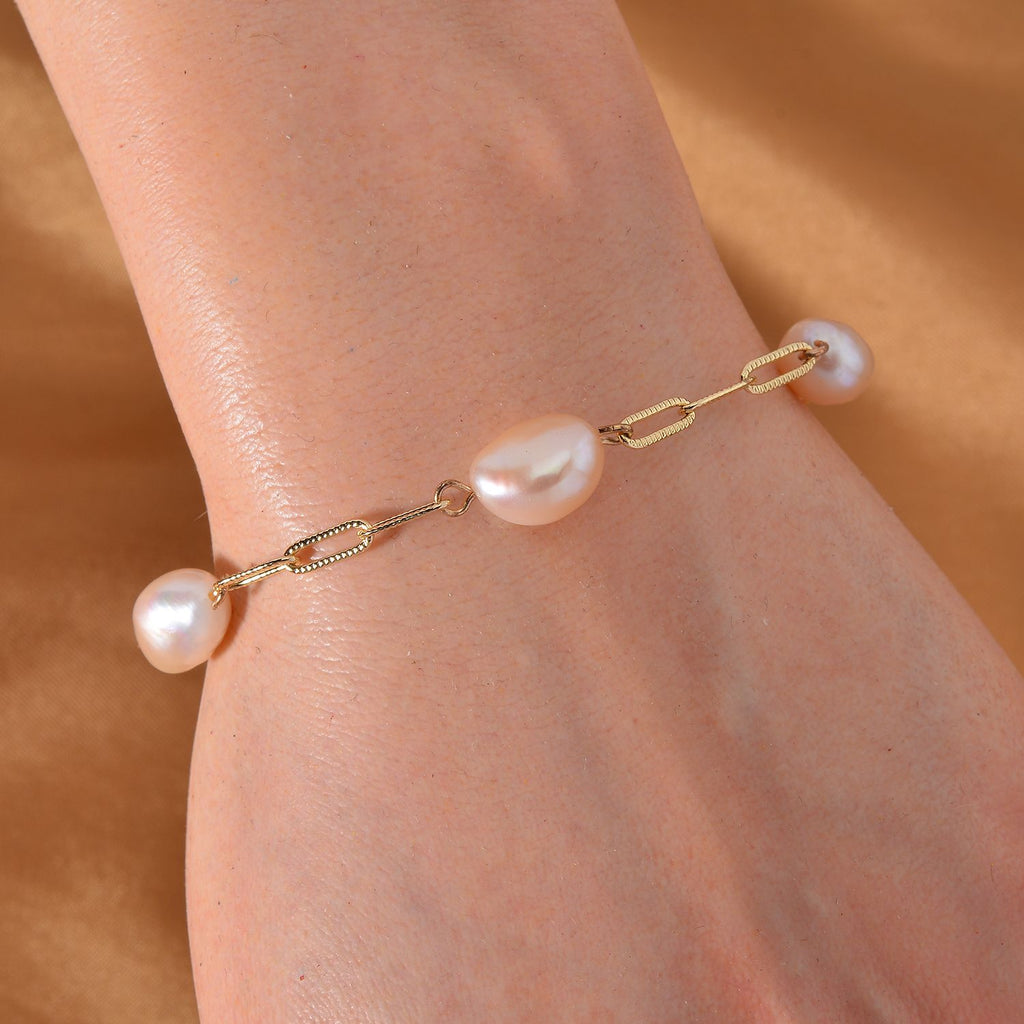 Pfirsich-Süßwasser Perle flexibles Armband, (ca. 10-12mm),  925 Silber, vergoldet